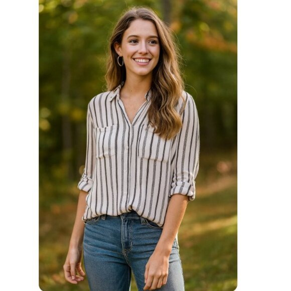 Black Tape Striped Button Front Hi-Lo Tunic Shirt - Picture 1 of 12